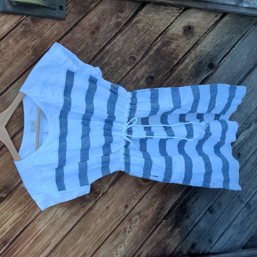 Gap dress linen-cotton stripes in white with blue small